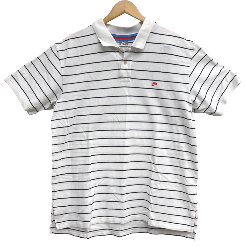 Nike‎ Mens Striped Polo Shirt White Navy Blue Short Sleeve Cotton Swoosh XXL